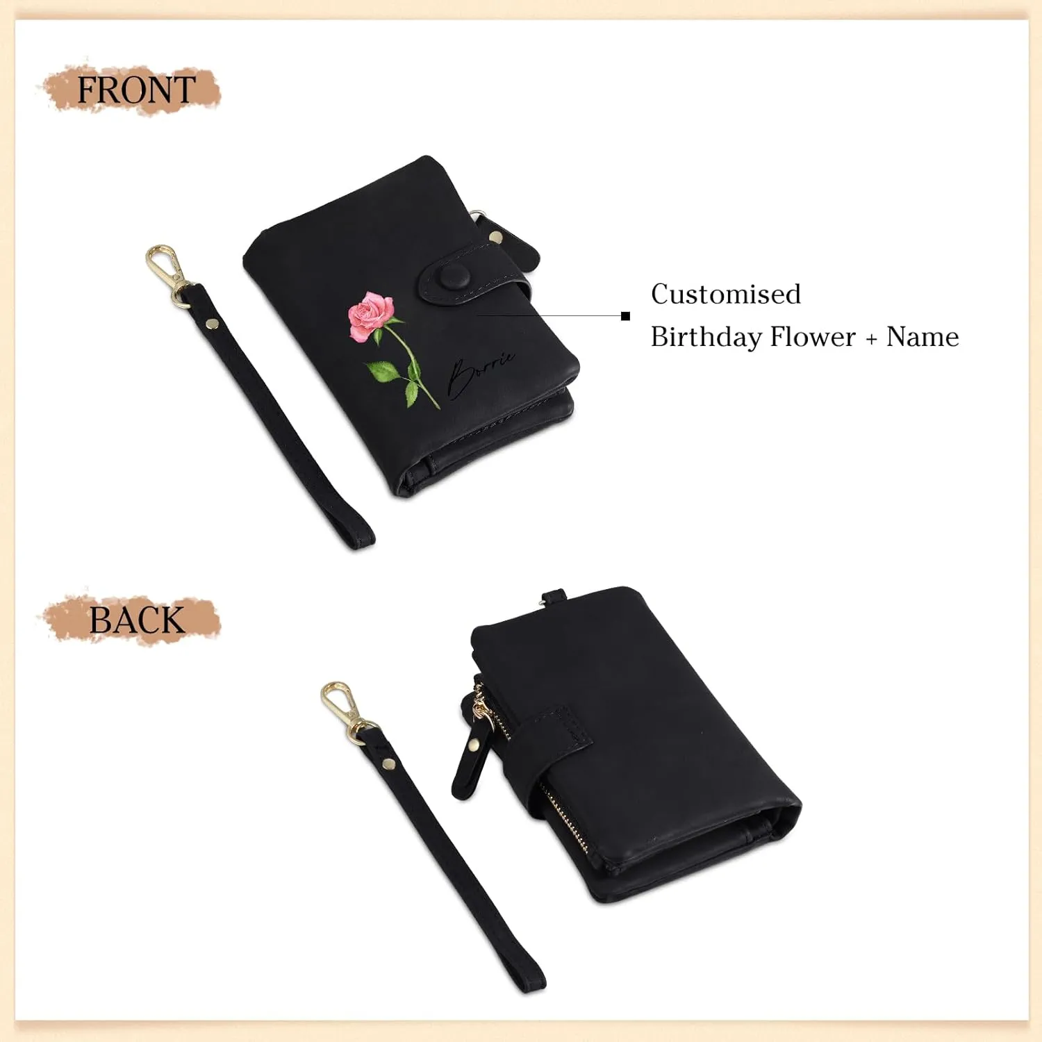 Personalized Birth Flower Wallet for Women Custom Wristlet Wallets with Name Small Leather Wallet Purse for Women Card Holder Wallet Gifts for Mom Grandma (Black)