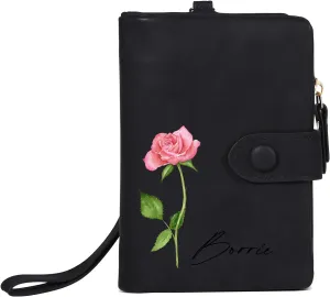 Personalized Birth Flower Wallet for Women Custom Wristlet Wallets with Name Small Leather Wallet Purse for Women Card Holder Wallet Gifts for Mom Grandma (Black)