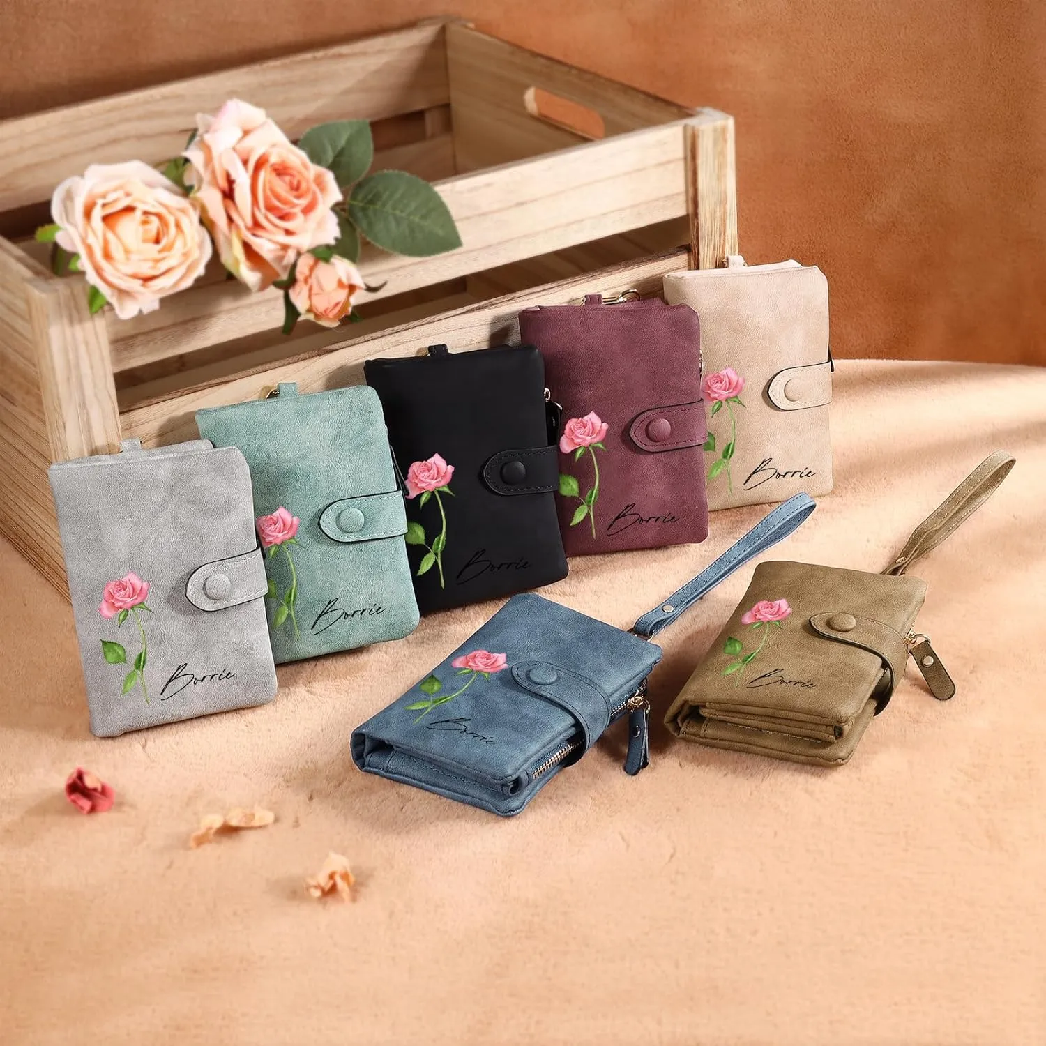 Personalized Birth Flower Wallet for Women Custom Wristlet Wallets with Name Small Leather Wallet Purse for Women Card Holder Wallet Gifts for Mom Grandma (Black)