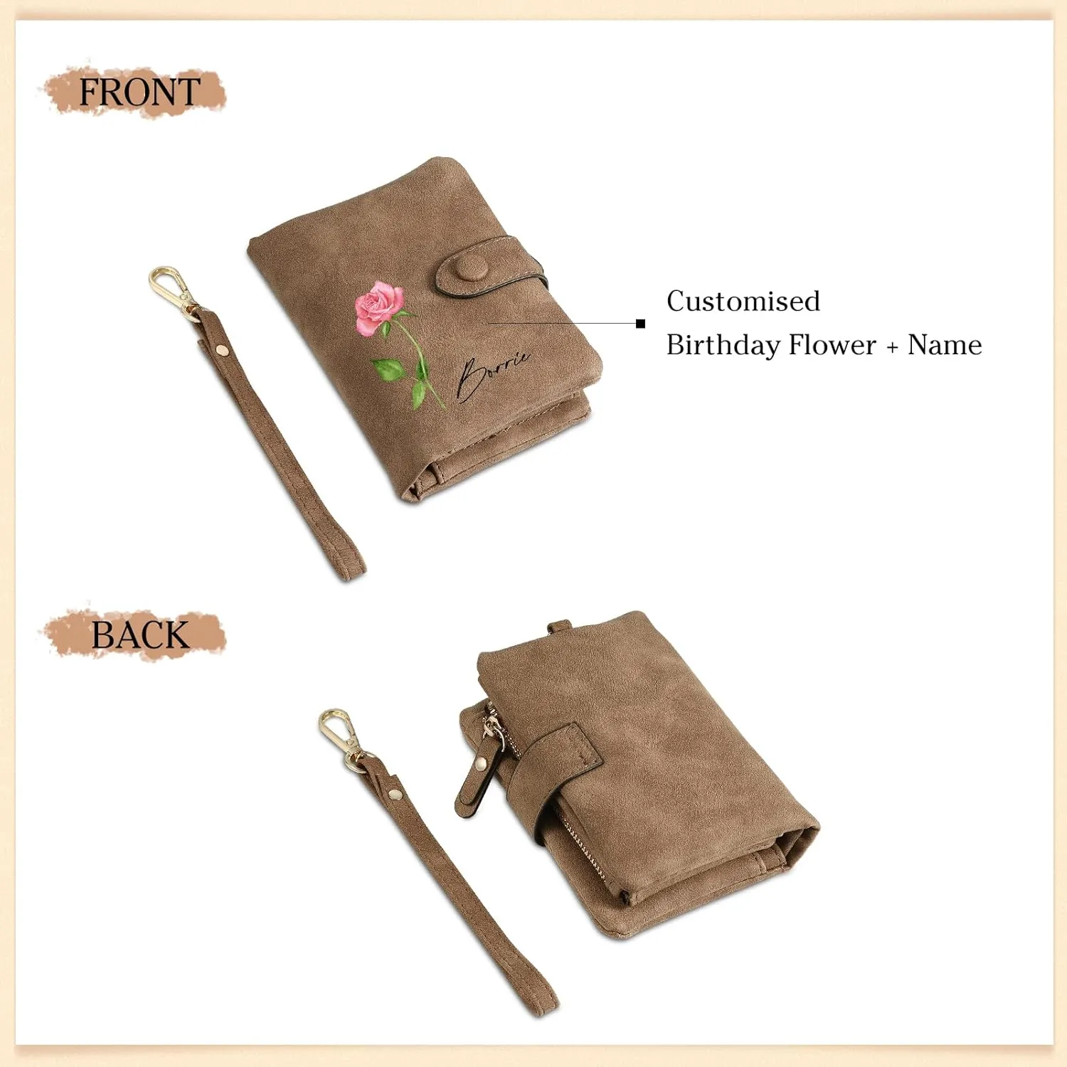 Personalized Birth Flower Wallet for Women Custom Wristlet Wallets with Name Small Leather Wallet Purse for Women Card Holder Wallet Gifts for Mom Grandma (Brown)
