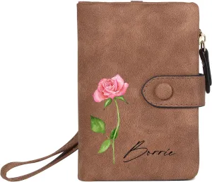 Personalized Birth Flower Wallet for Women Custom Wristlet Wallets with Name Small Leather Wallet Purse for Women Card Holder Wallet Gifts for Mom Grandma (Brown)