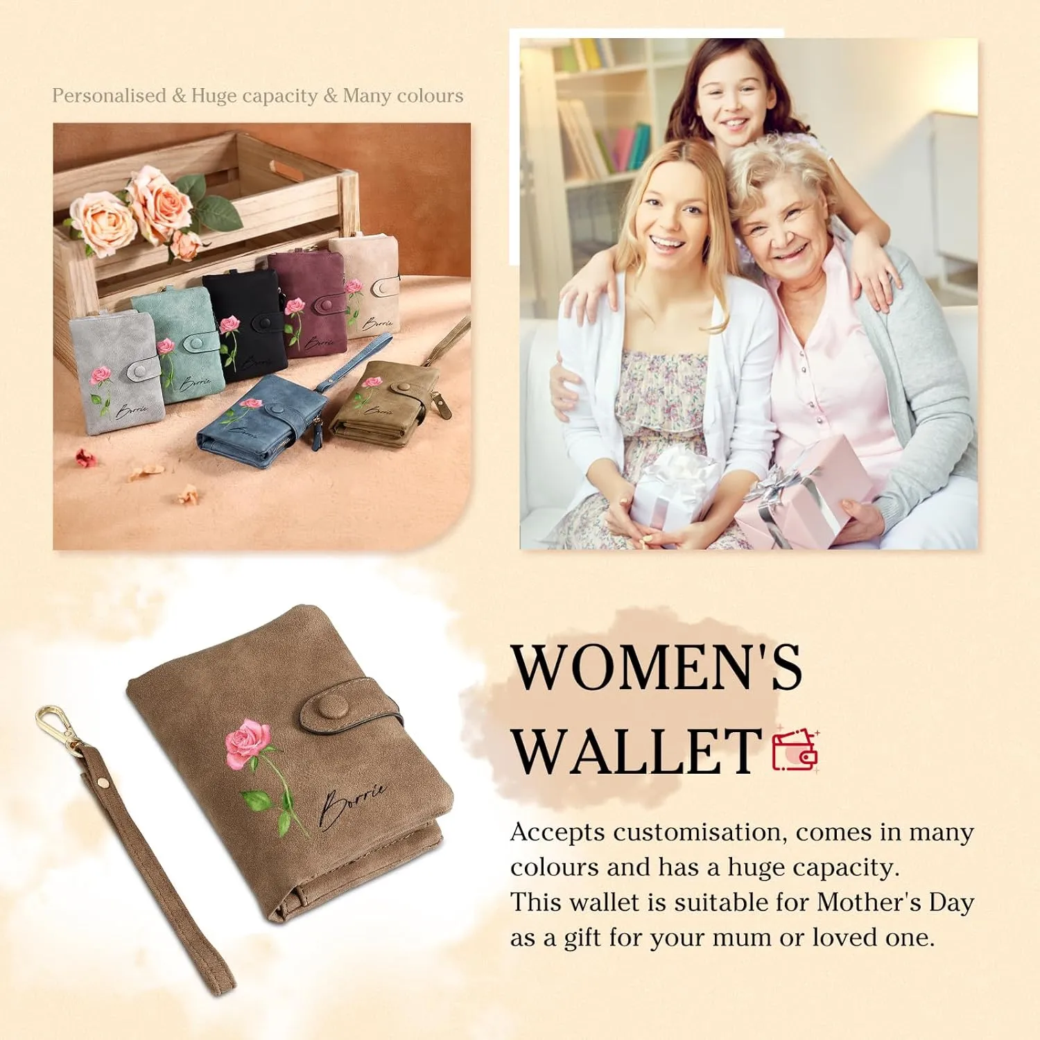 Personalized Birth Flower Wallet for Women Custom Wristlet Wallets with Name Small Leather Wallet Purse for Women Card Holder Wallet Gifts for Mom Grandma (Brown)