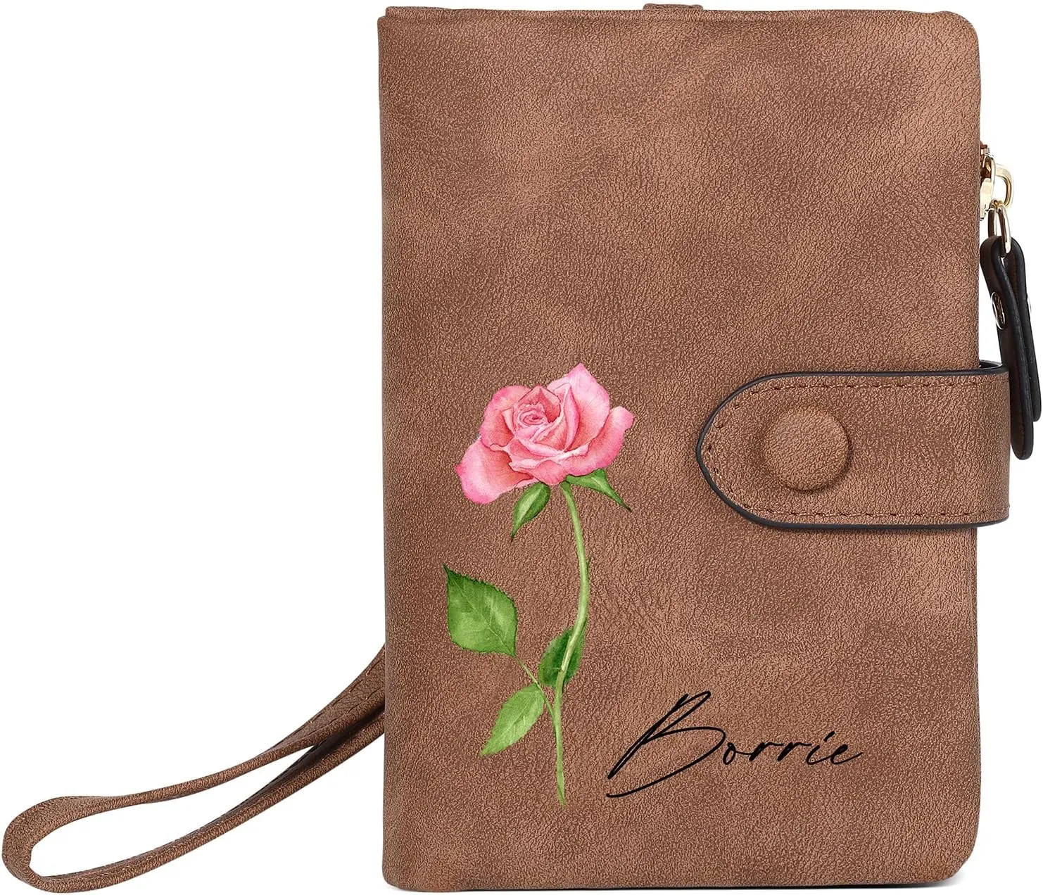 Personalized Birth Flower Wallet for Women Custom Wristlet Wallets with Name Small Leather Wallet Purse for Women Card Holder Wallet Gifts for Mom Grandma (Brown)