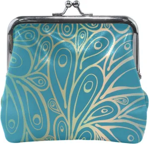 Personalized Blue Green Peacock Feather Leather Coin Purse Women Cute Kiss Lock Card Change Purse for Girls