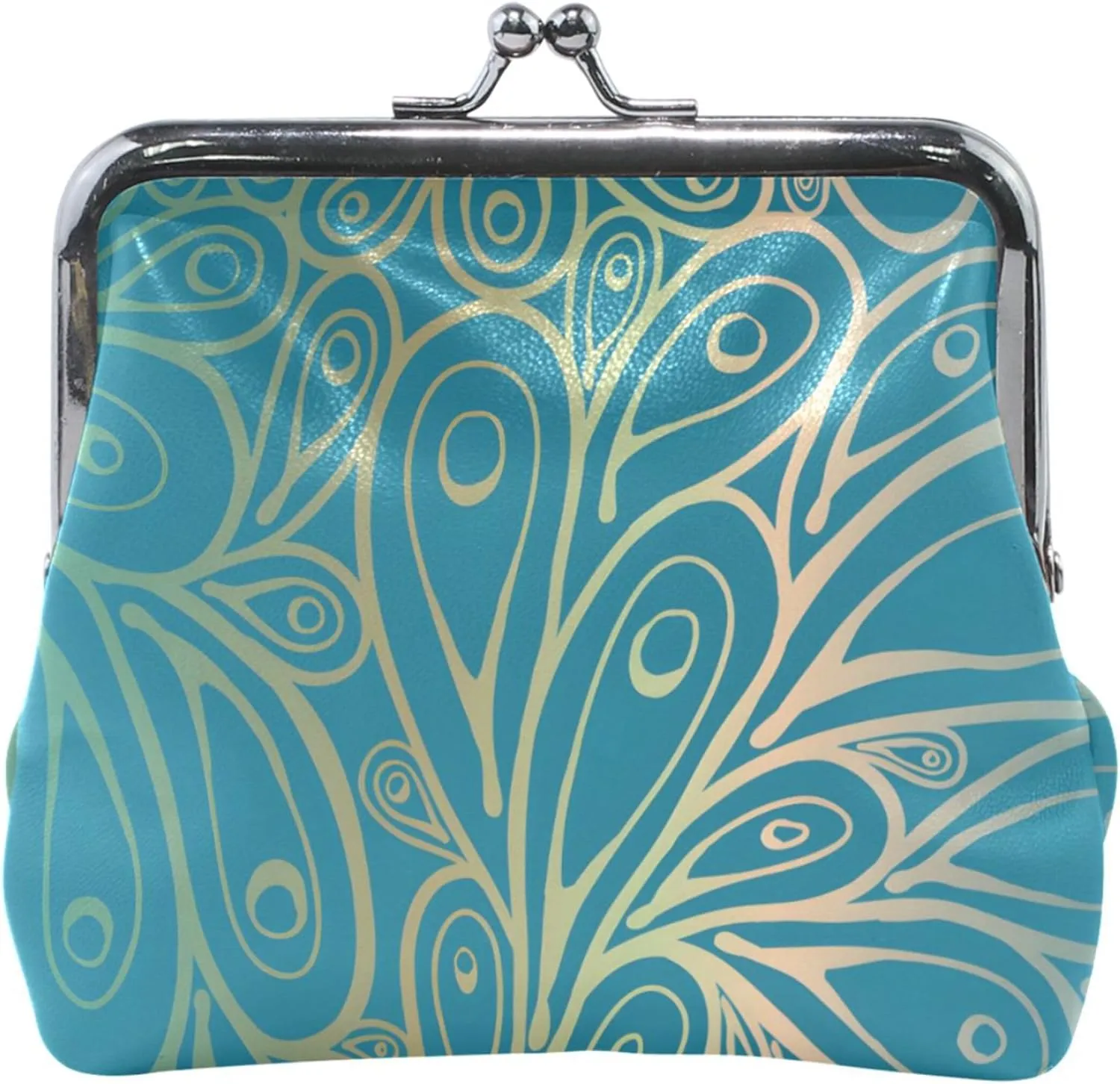 Personalized Blue Green Peacock Feather Leather Coin Purse Women Cute Kiss Lock Card Change Purse for Girls