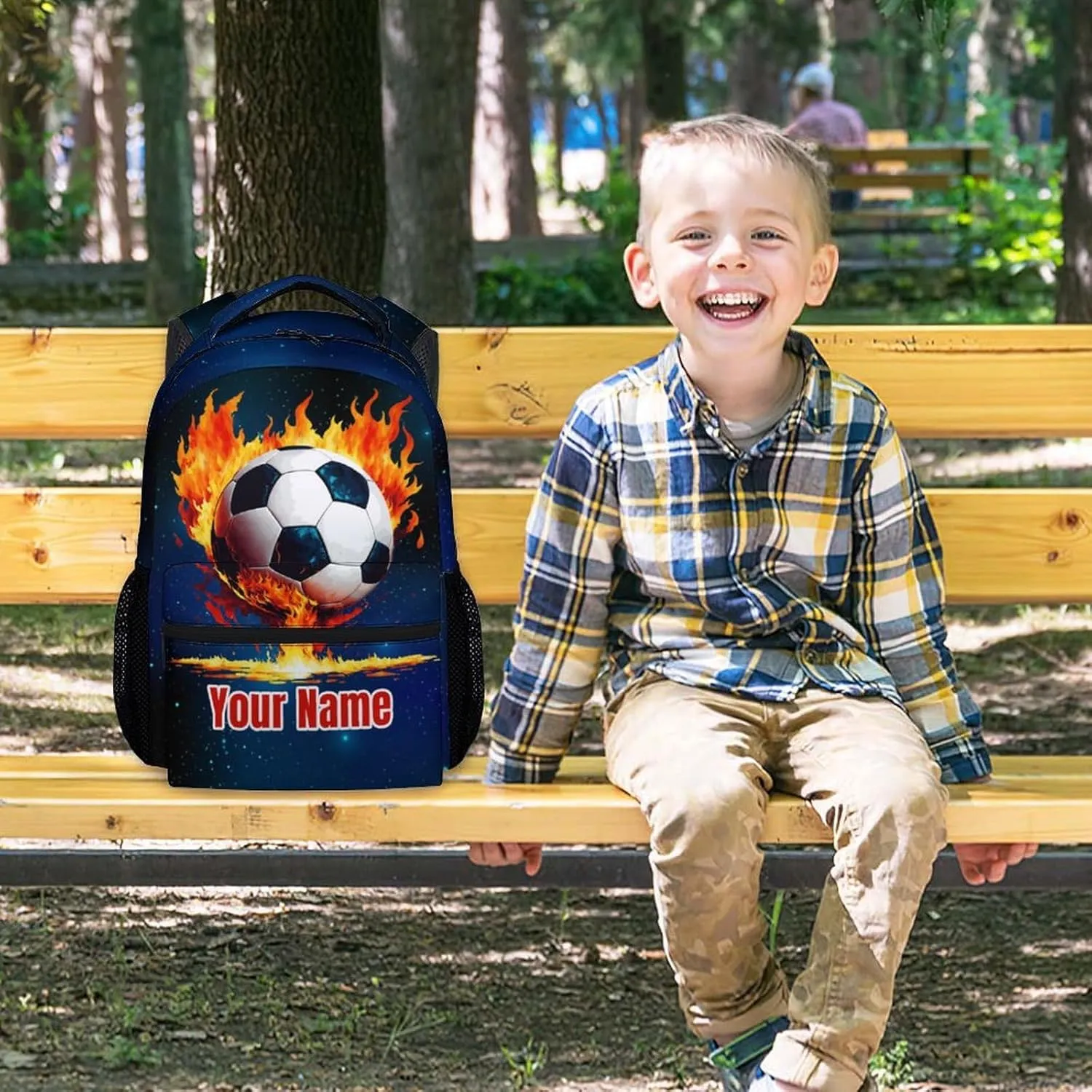 Personalized Boys & Girls Kids Preschool Soccer Backpack, 17 Inch Custom School Bookbag with Adjustable Straps, Durable, Lightweight Blue Graphic Soccer Theme Backpack