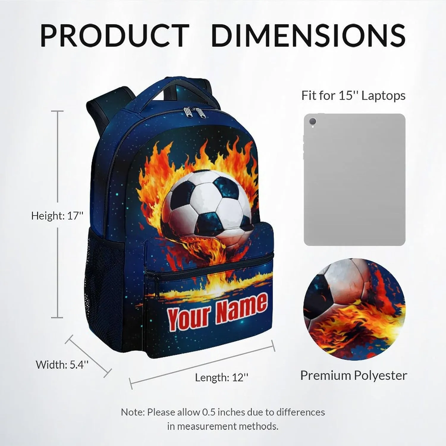 Personalized Boys & Girls Kids Preschool Soccer Backpack, 17 Inch Custom School Bookbag with Adjustable Straps, Durable, Lightweight Blue Graphic Soccer Theme Backpack