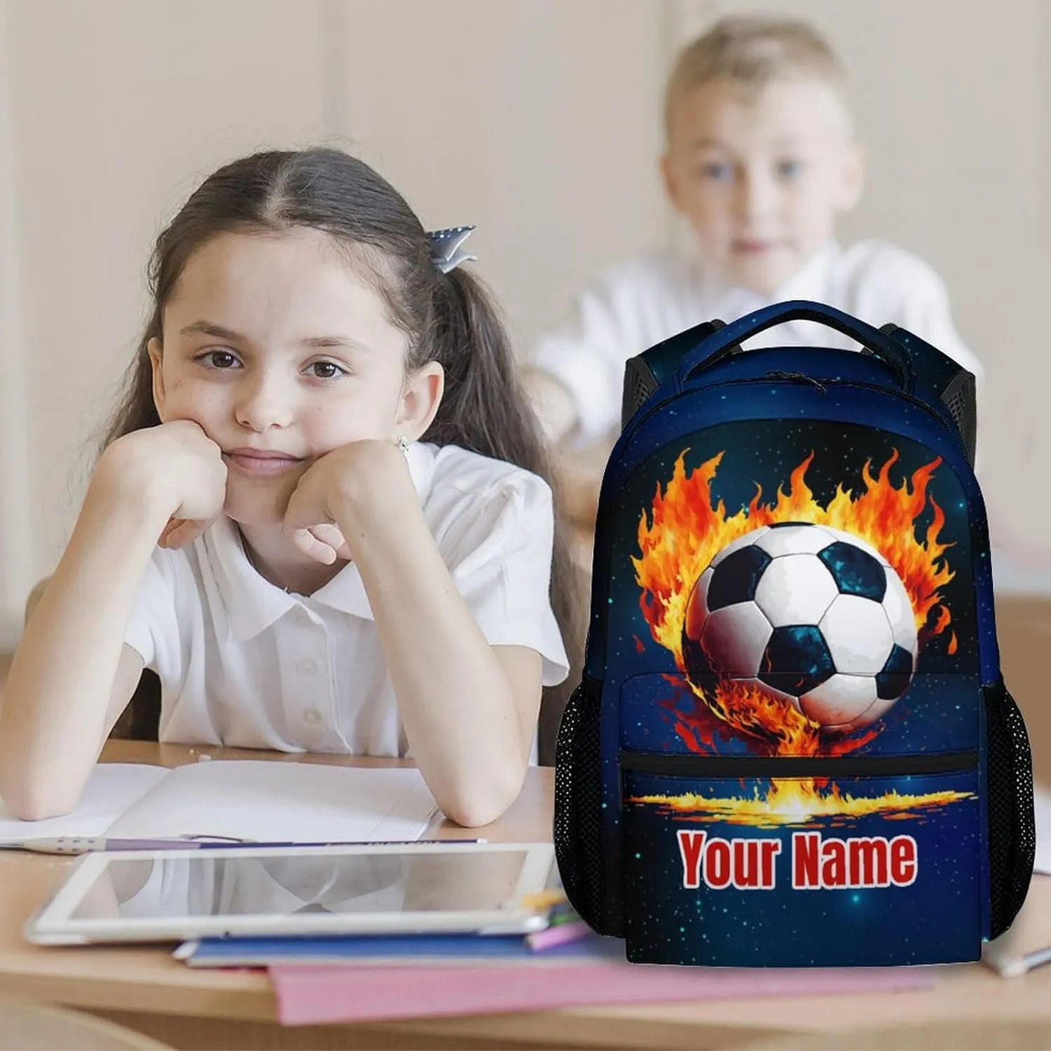 Personalized Boys & Girls Kids Preschool Soccer Backpack, 17 Inch Custom School Bookbag with Adjustable Straps, Durable, Lightweight Blue Graphic Soccer Theme Backpack