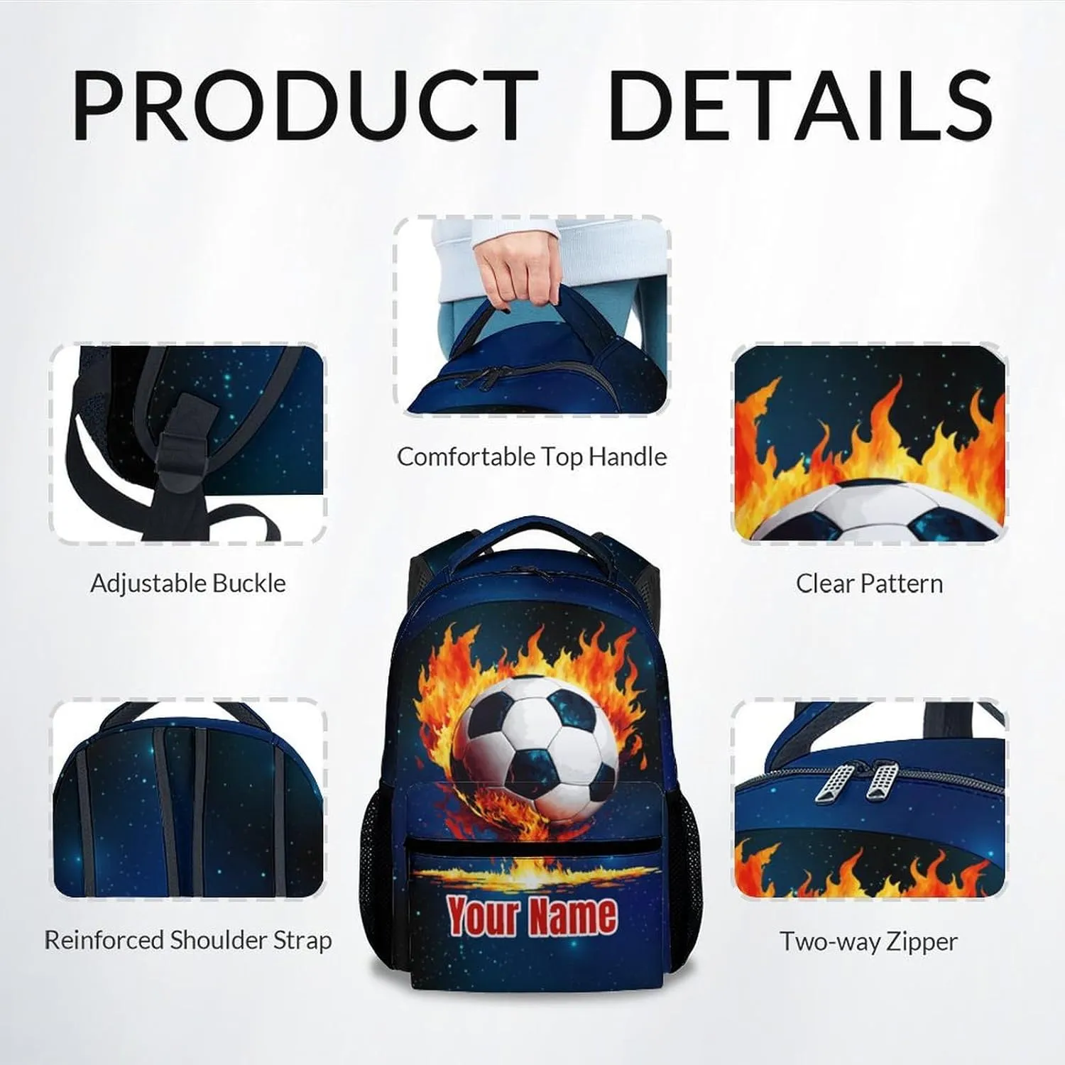 Personalized Boys & Girls Kids Preschool Soccer Backpack, 17 Inch Custom School Bookbag with Adjustable Straps, Durable, Lightweight Blue Graphic Soccer Theme Backpack