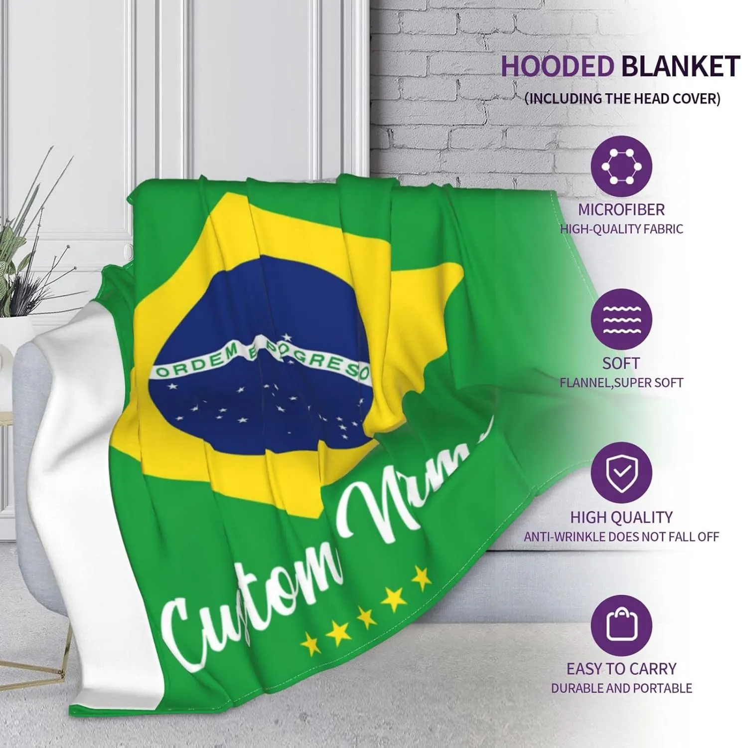Personalized Brazil Blanket for Soccer Fans - Custom Name Hooded Sports Blanket