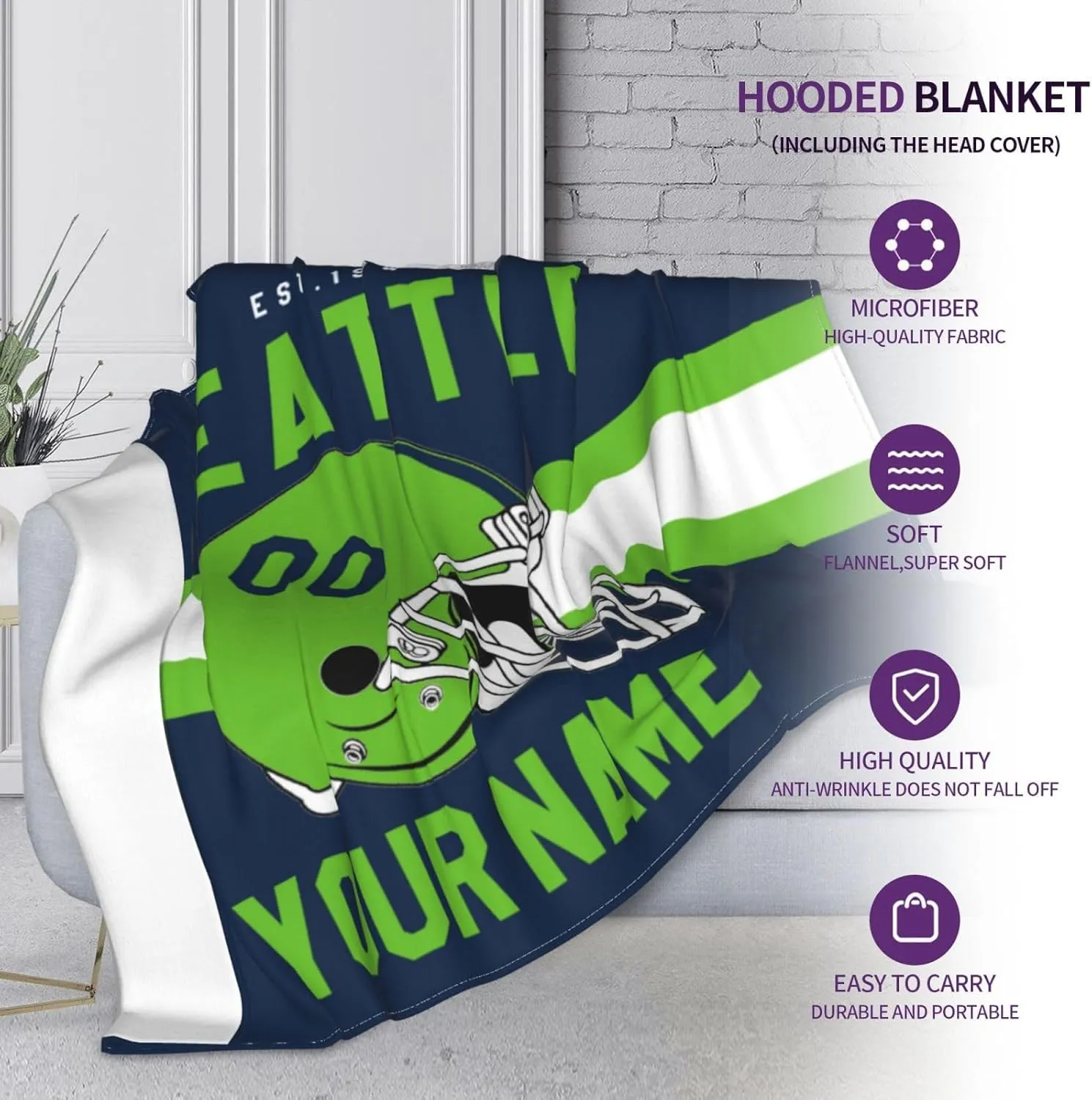 Personalized City Throw Blanket for Football Fans-Custom Name Number Hooded Blankets-Sports Wearable Blankets Ideal for Football Players&Fans