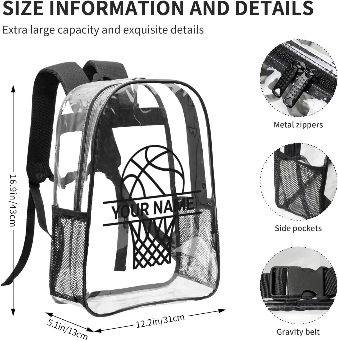 Personalized Clear Backpack for Women Men, Custom Transparent Backpacks with Name Text Photo, PVC Adjustable See Through Bag Suitable for Travel Work