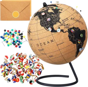 Personalized Cork Globe with 100 National Flag Push for Traveler 9.9"h x 7.5" Dia World Travel Map the Places You'll Go Graduation Gift Adventure Spinning Globe for Adult Gift