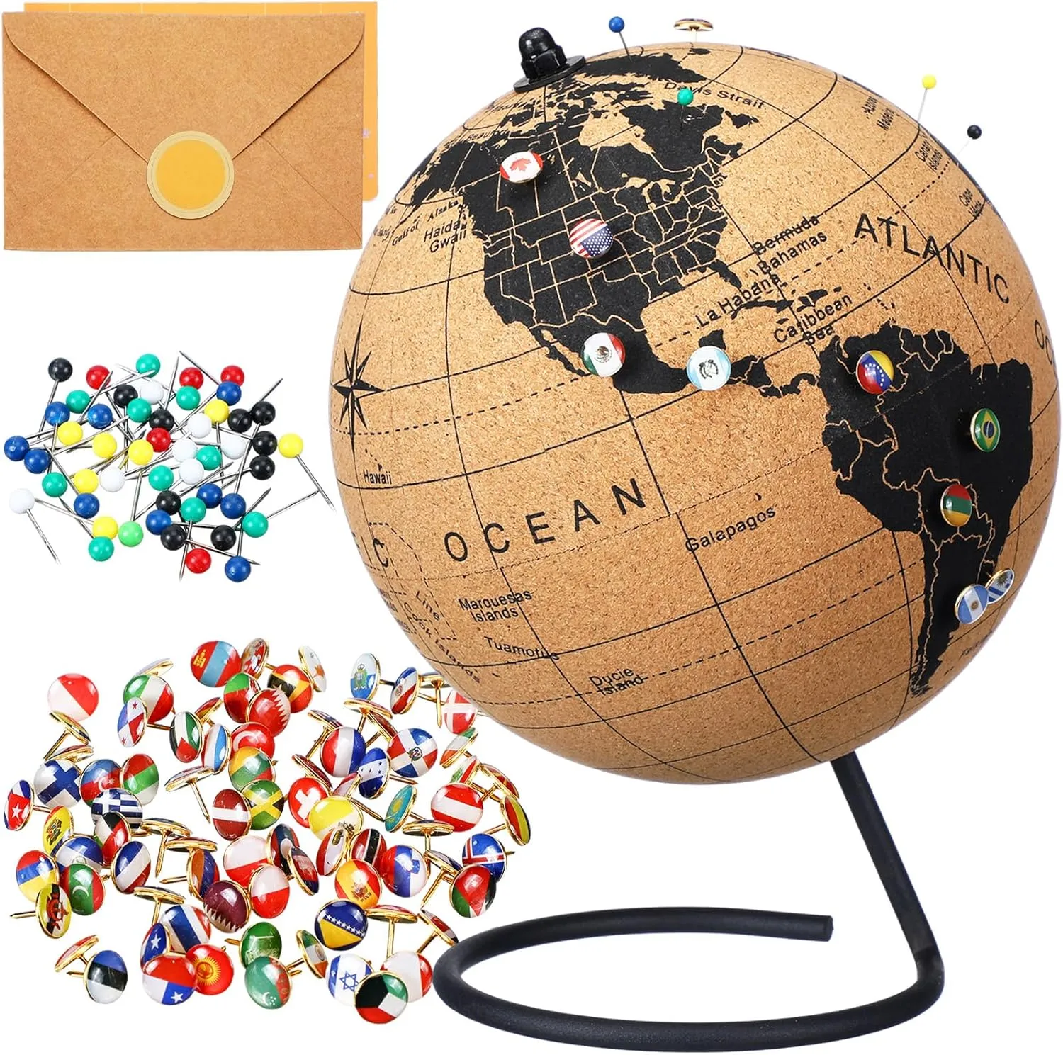 Personalized Cork Globe with 100 National Flag Push for Traveler 9.9"h x 7.5" Dia World Travel Map the Places You'll Go Graduation Gift Adventure Spinning Globe for Adult Gift