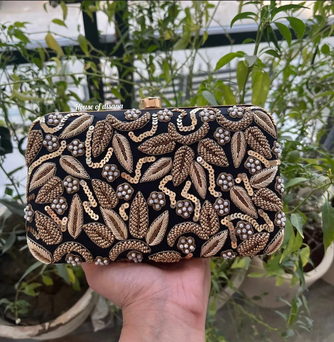 Personalized Custom embroidery Clutch Purse for Women, Beaded Clutch Crossbody Bag with Gold Chain Strap for Wedding, Bridal Shower, Bachelorette Party, Engagement (Black)