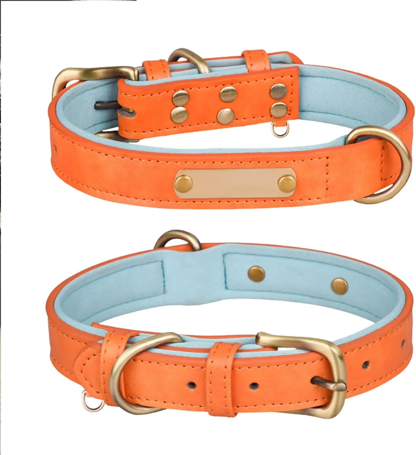 Personalized Custom Leather Dog Collar Adjustable Customizable Dog Collar for Small Medium Large X-Large Custom Engravable Name Plate (Orange)