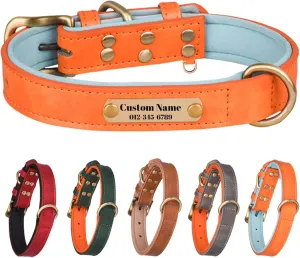 Personalized Custom Leather Dog Collar Adjustable Customizable Dog Collar for Small Medium Large X-Large Custom Engravable Name Plate (Orange)