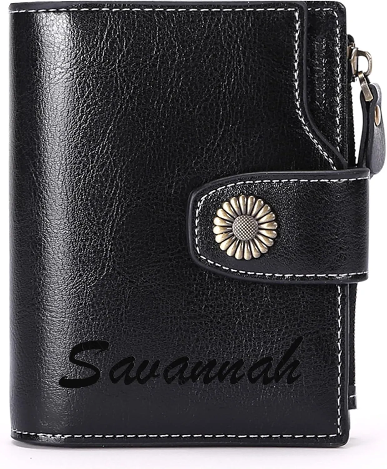 Personalized Customized Small Wallet,Engraved Name Leather Wallets Bifold Card Holder RFID Blocking with Zipper Coin Pocket Purse For Women (Wax-Black)