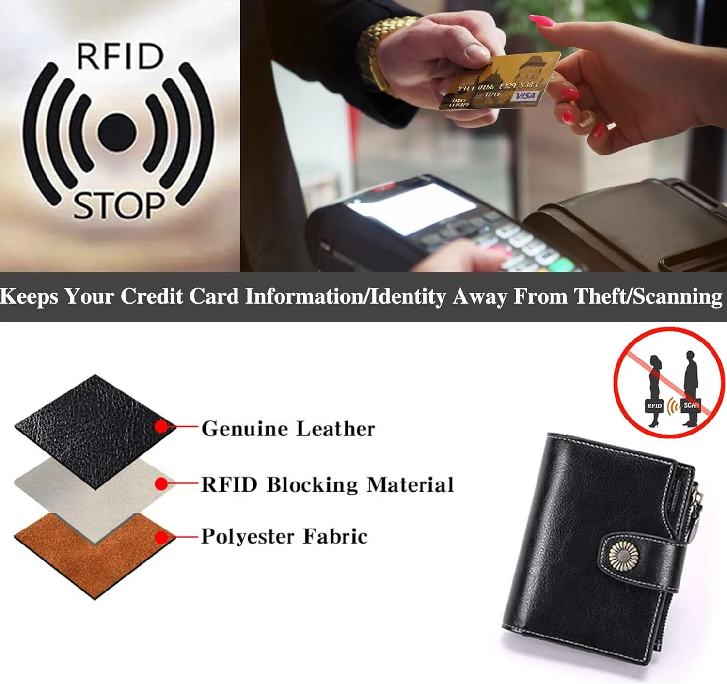 Personalized Customized Small Wallet,Engraved Name Leather Wallets Bifold Card Holder RFID Blocking with Zipper Coin Pocket Purse For Women (Wax-Black)