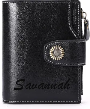 Personalized Customized Small Wallet,Engraved Name Leather Wallets Bifold Card Holder RFID Blocking with Zipper Coin Pocket Purse For Women (Wax-Black)