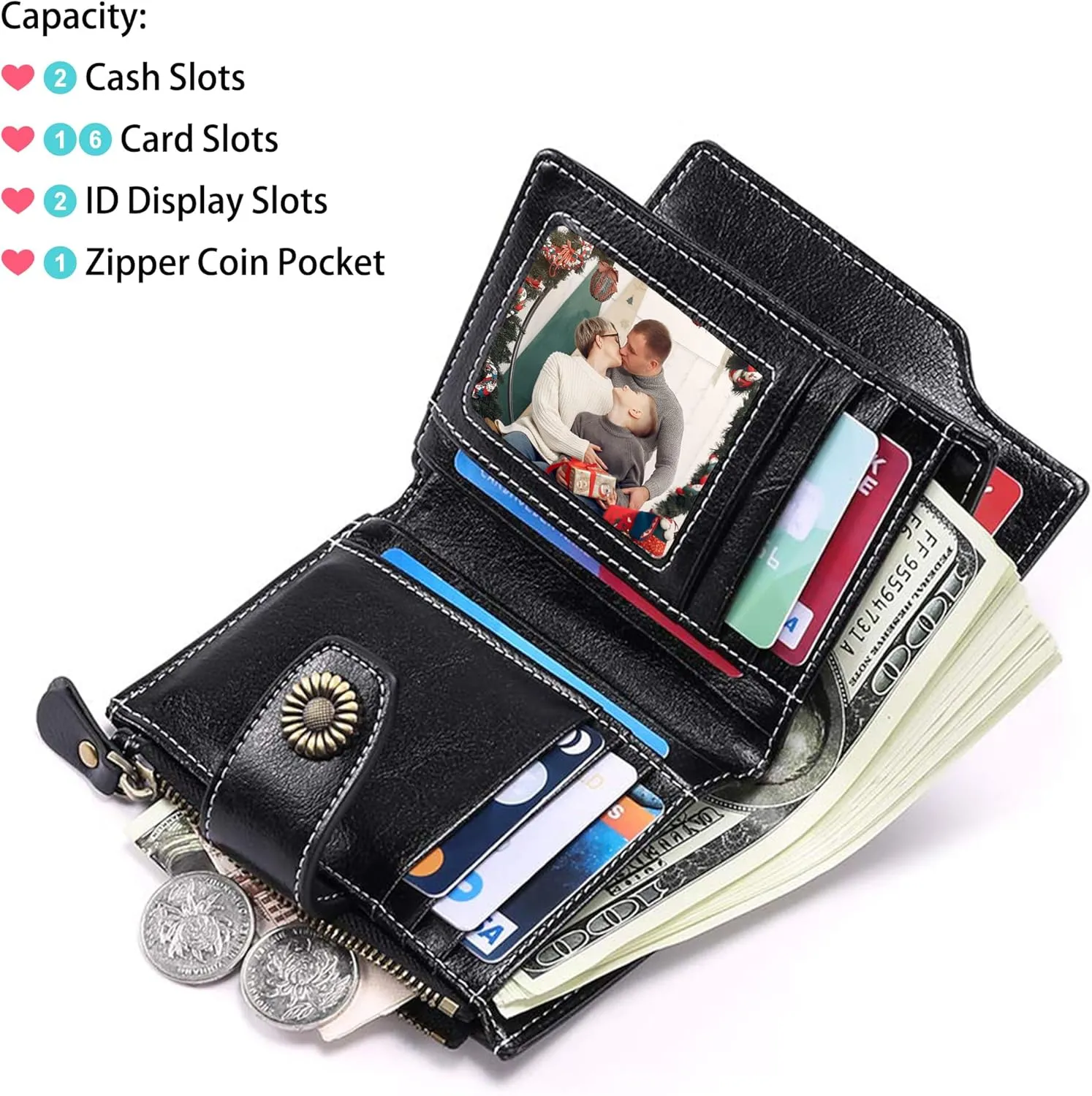 Personalized Customized Small Wallet,Engraved Name Leather Wallets Bifold Card Holder RFID Blocking with Zipper Coin Pocket Purse For Women (Wax-Black)