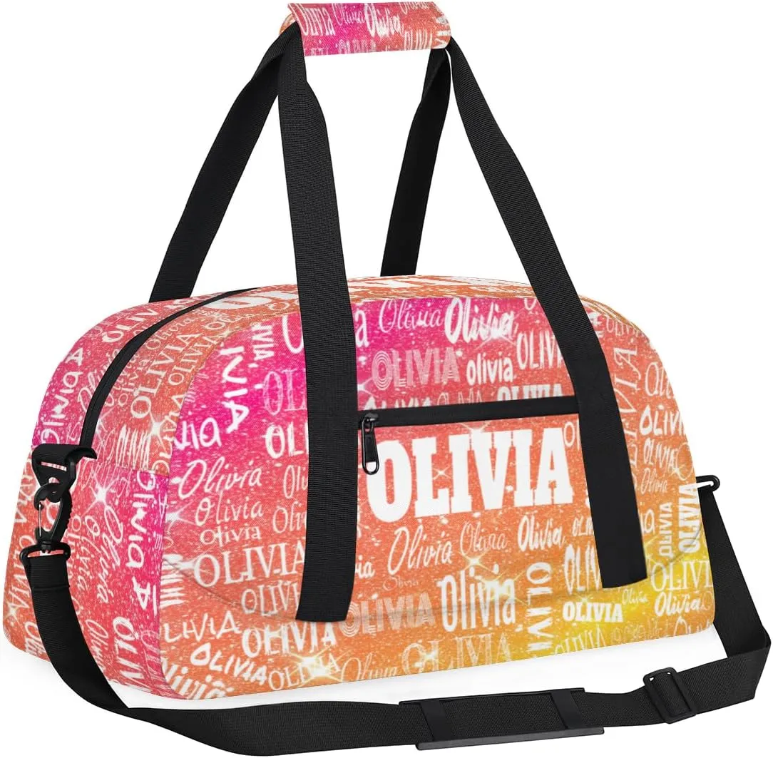 Personalized Dance Bag Gym Bag Girls, Custom Sport Duffel Bag Weekender Bags Travel Duffel Bag Shiny Glitter Starry Red Orange