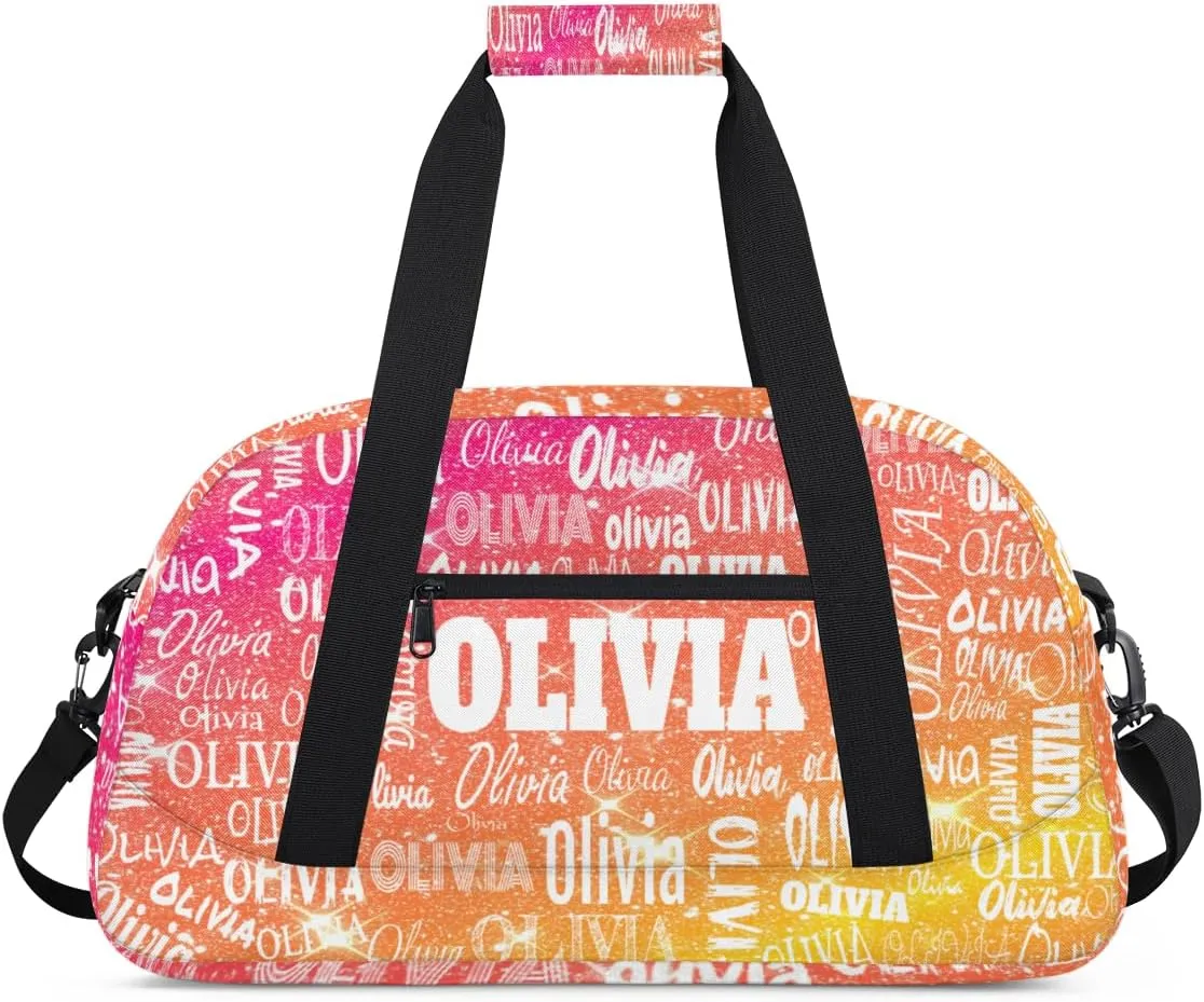 Personalized Dance Bag Gym Bag Girls, Custom Sport Duffel Bag Weekender Bags Travel Duffel Bag Shiny Glitter Starry Red Orange