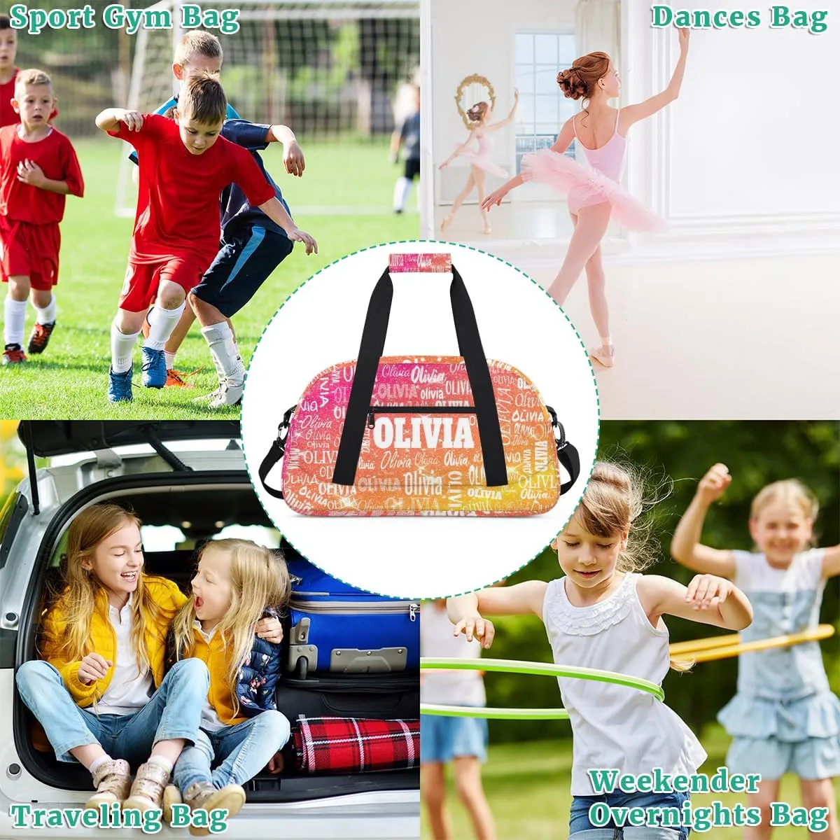 Personalized Dance Bag Gym Bag Girls, Custom Sport Duffel Bag Weekender Bags Travel Duffel Bag Shiny Glitter Starry Red Orange