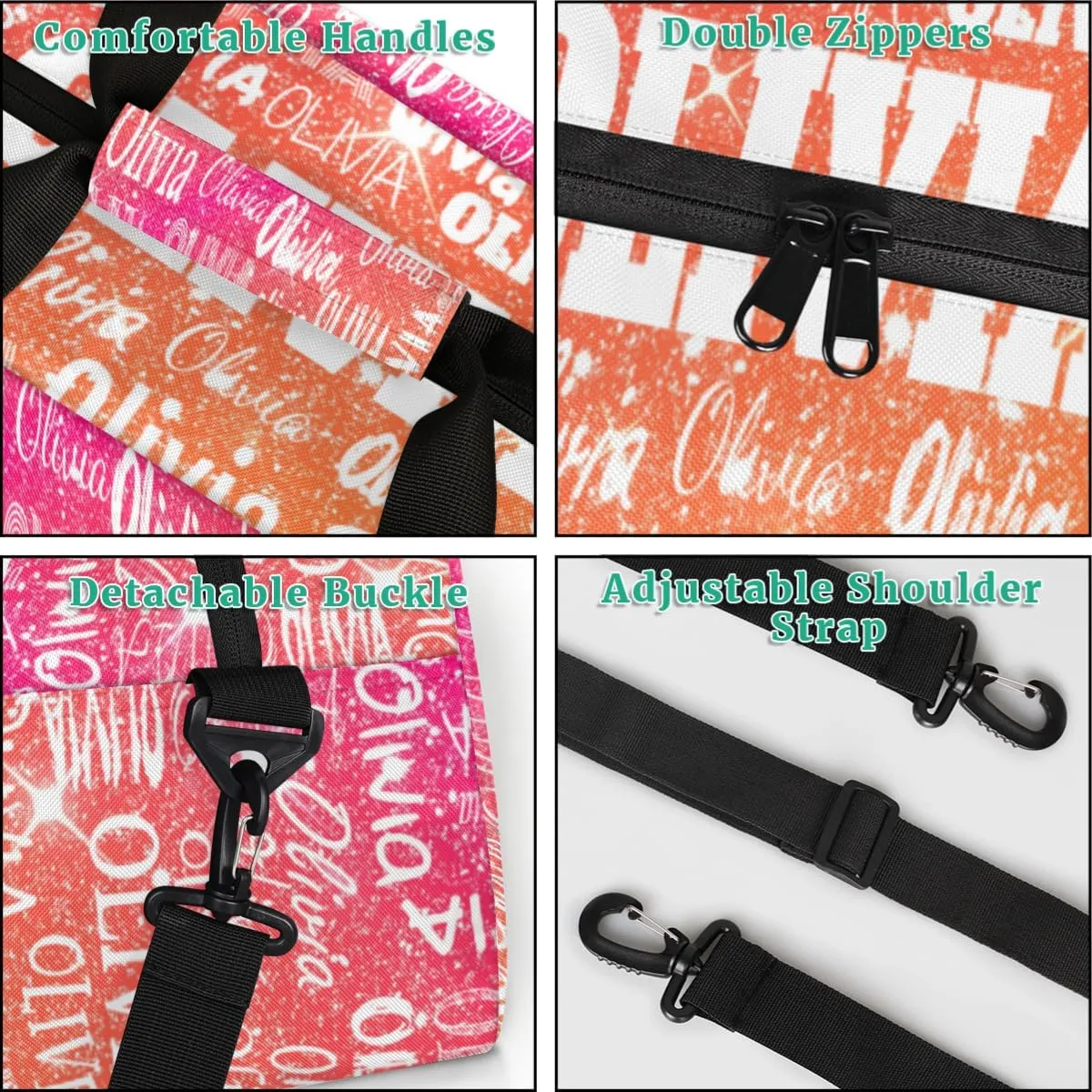 Personalized Dance Bag Gym Bag Girls, Custom Sport Duffel Bag Weekender Bags Travel Duffel Bag Shiny Glitter Starry Red Orange