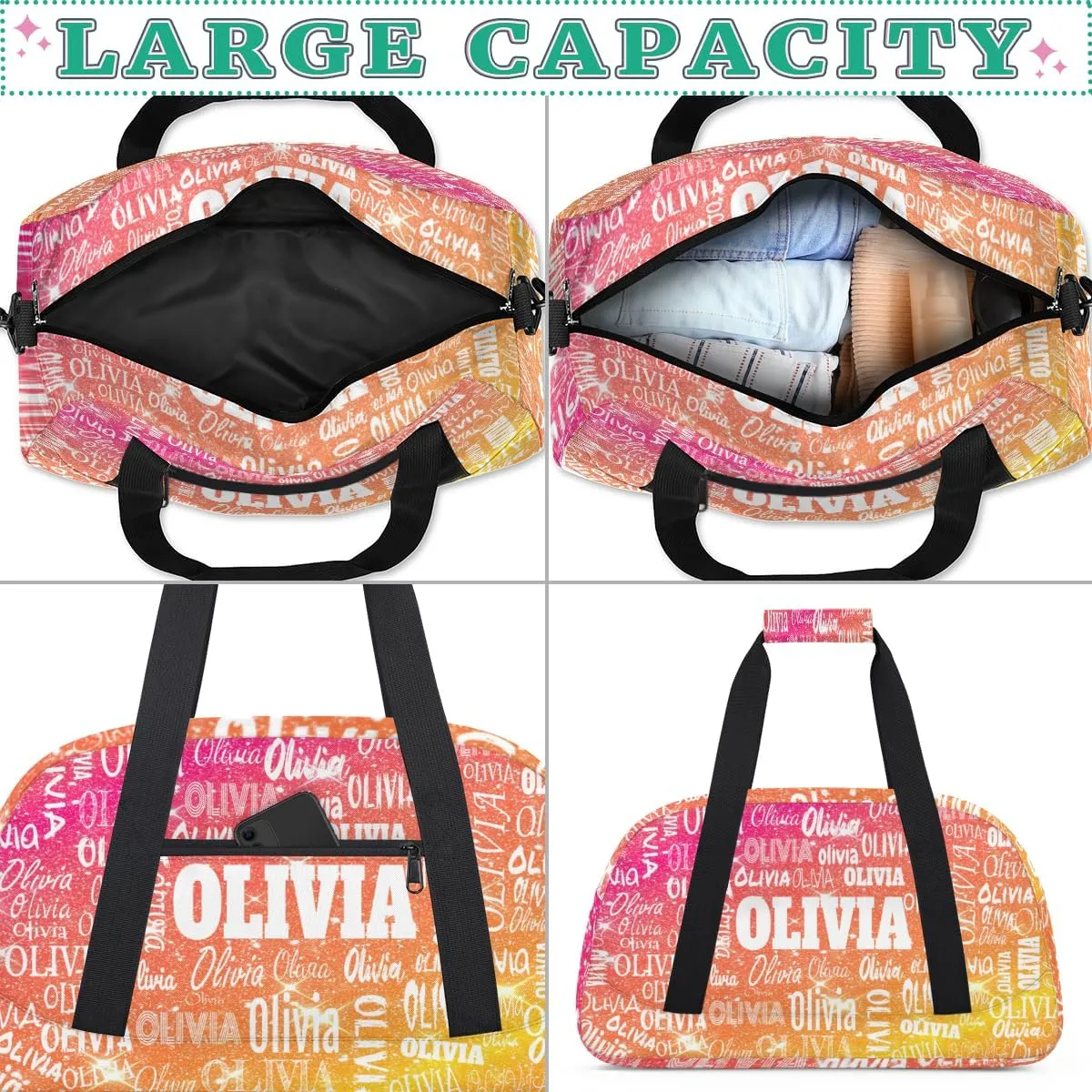 Personalized Dance Bag Gym Bag Girls, Custom Sport Duffel Bag Weekender Bags Travel Duffel Bag Shiny Glitter Starry Red Orange
