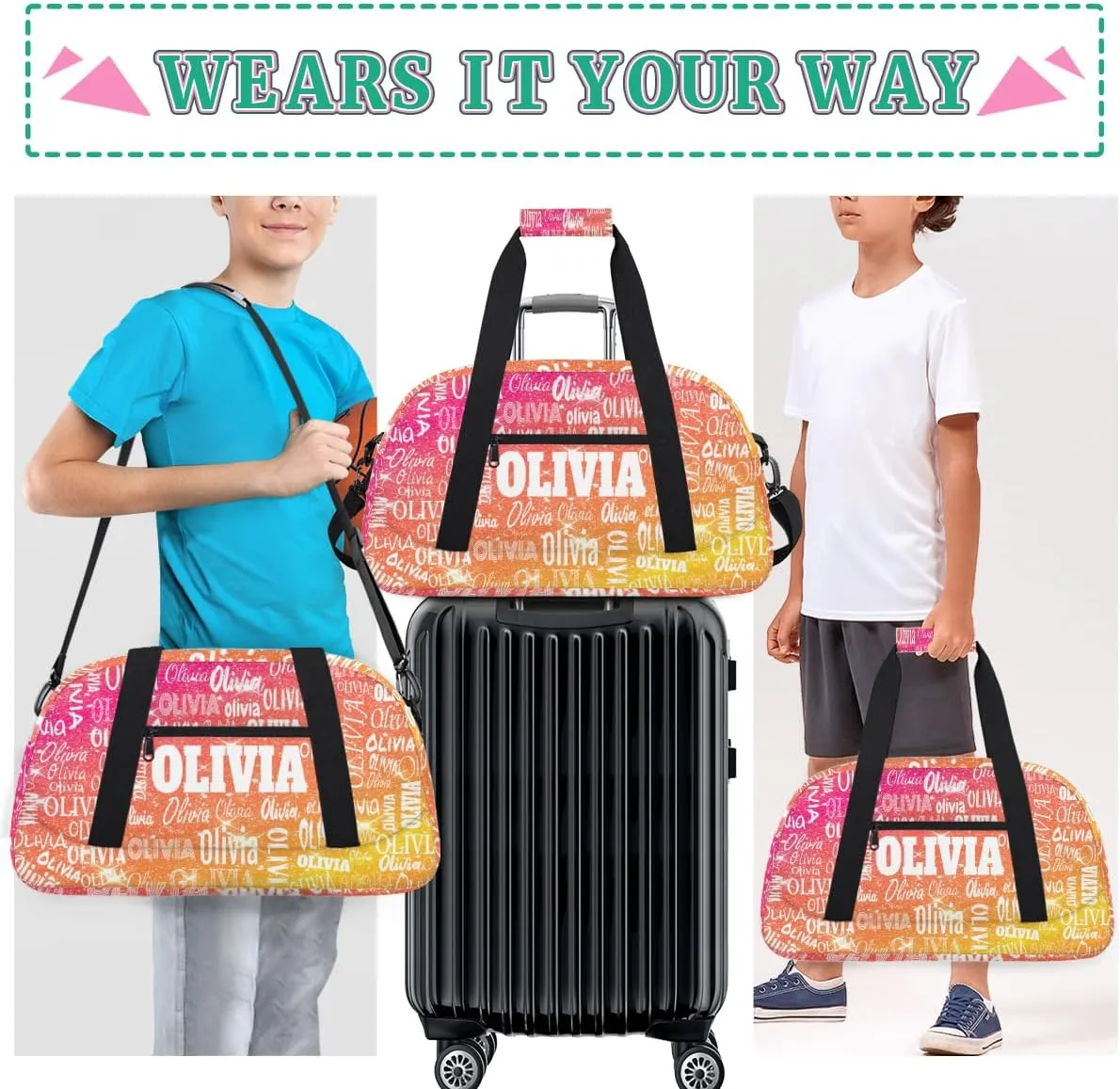 Personalized Dance Bag Gym Bag Girls, Custom Sport Duffel Bag Weekender Bags Travel Duffel Bag Shiny Glitter Starry Red Orange