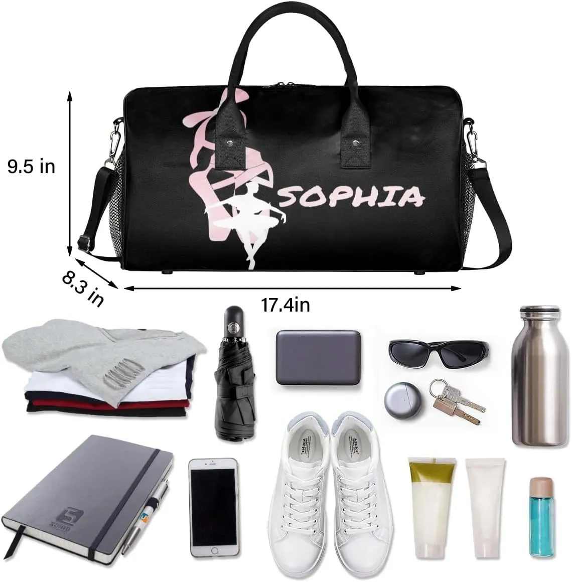 Personalized Dance Bag Travel Duffle Bag Custom Name Sport Gym Bag Carry On Weekender Bag Sleepover Athletic Bag for Women, Black Background