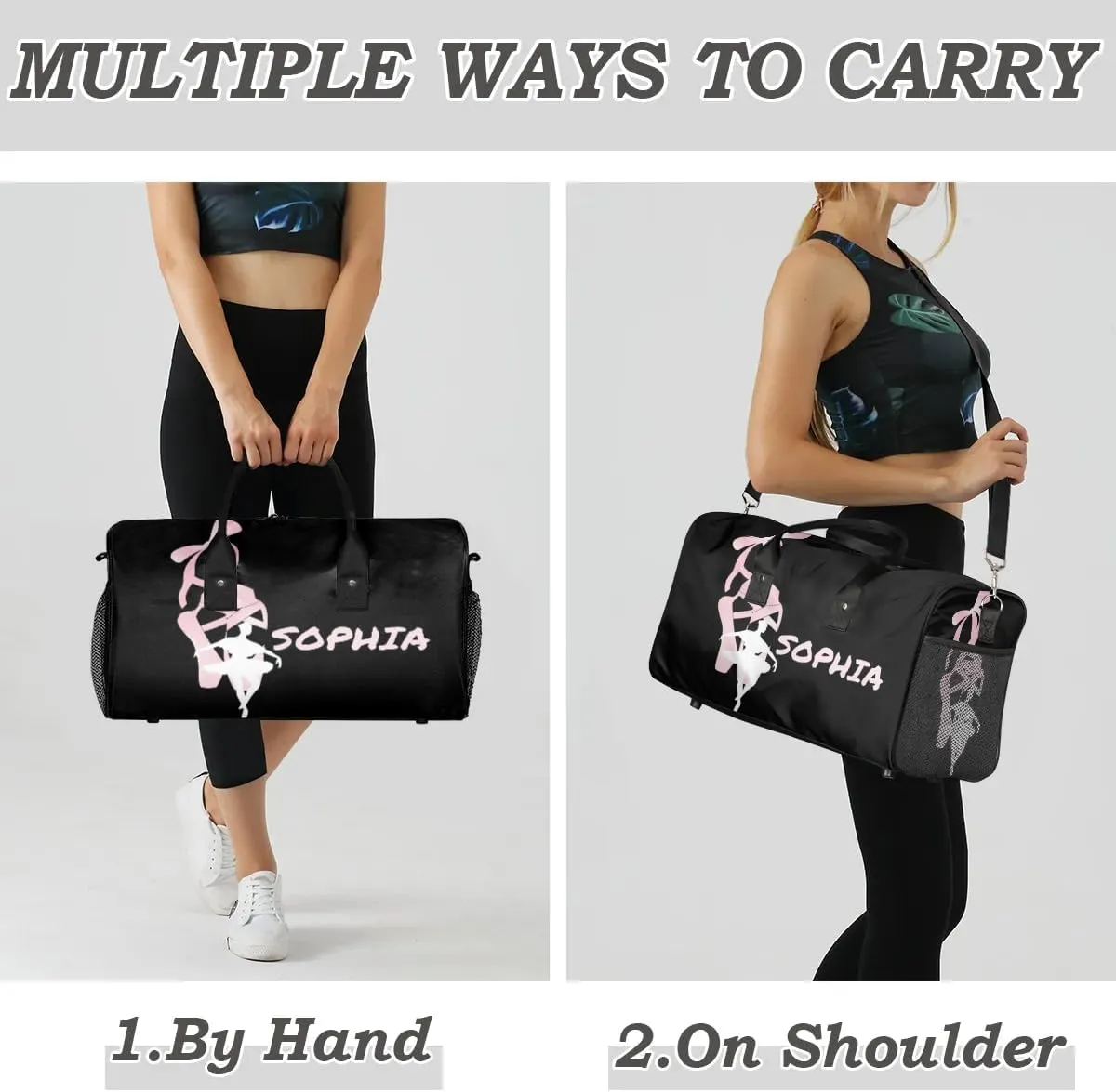 Personalized Dance Bag Travel Duffle Bag Custom Name Sport Gym Bag Carry On Weekender Bag Sleepover Athletic Bag for Women, Black Background