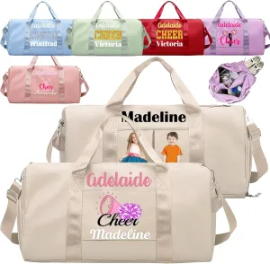 Personalized Duffle Bags with Name Photo Custom Sports Gym Bag Travel with Wet Dry Pockets Shoe Compartment Customizable Duffle Bag for Dance Football Ballet Team Cheer-Cheerleading