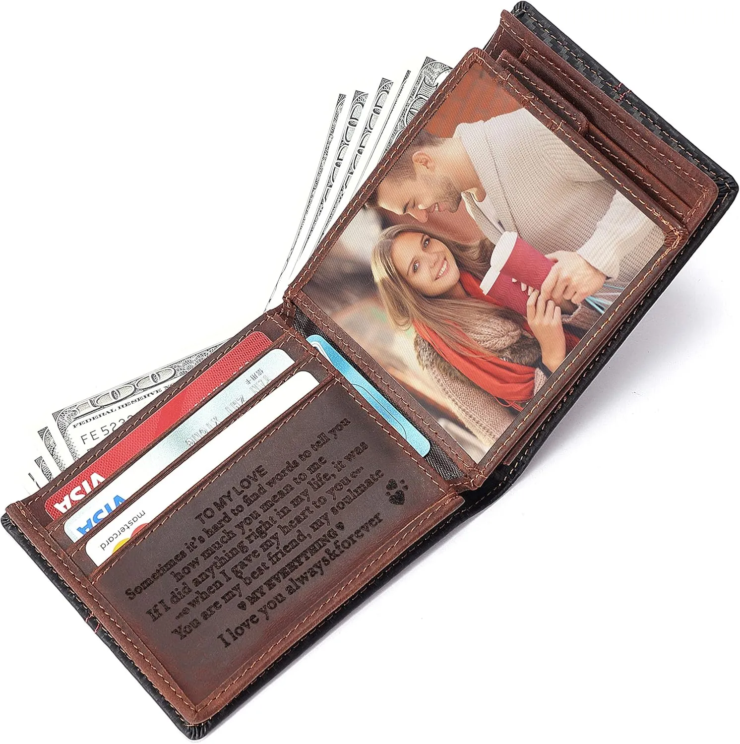 Personalized Engraved Leather Wallet for Boyfriend Husband from Wife Girlfriend - Christmas Anniversary Valentines Day Birthday Wedding - I Love You - Men Custom Bifold Wallets with Romantic Message