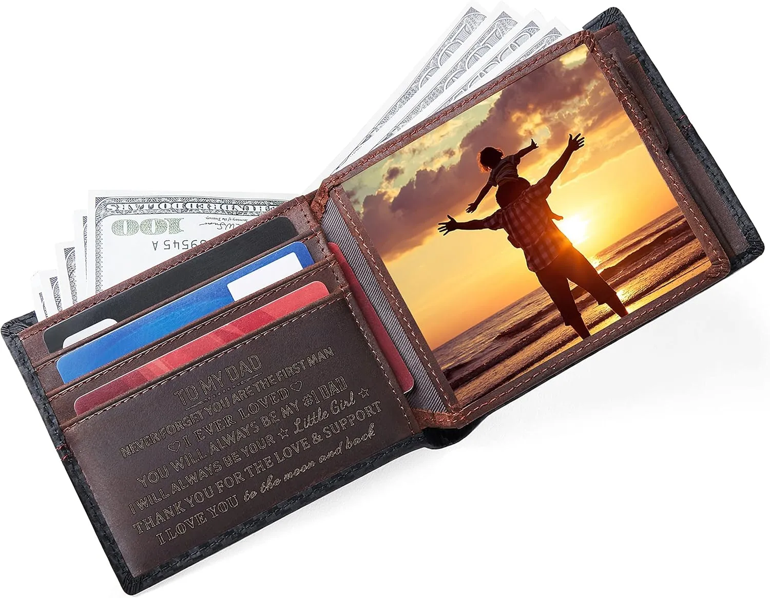 Personalized Engraved Leather Wallet for Dad Daddy from Daughter Kids - Christmas Birthday Fathers Day Thanksgiving Gift - #1 Dad - Men Custom Bifold Wallets with Love Message for Him