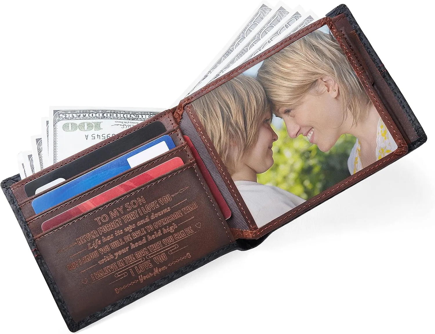 Personalized Engraved Leather Wallet for Son from Mom Mother - Christmas Birthday Graduation Wedding Gift - Never Forget That I Love You - Mens Custom Bifold Wallets with Love Message for Him