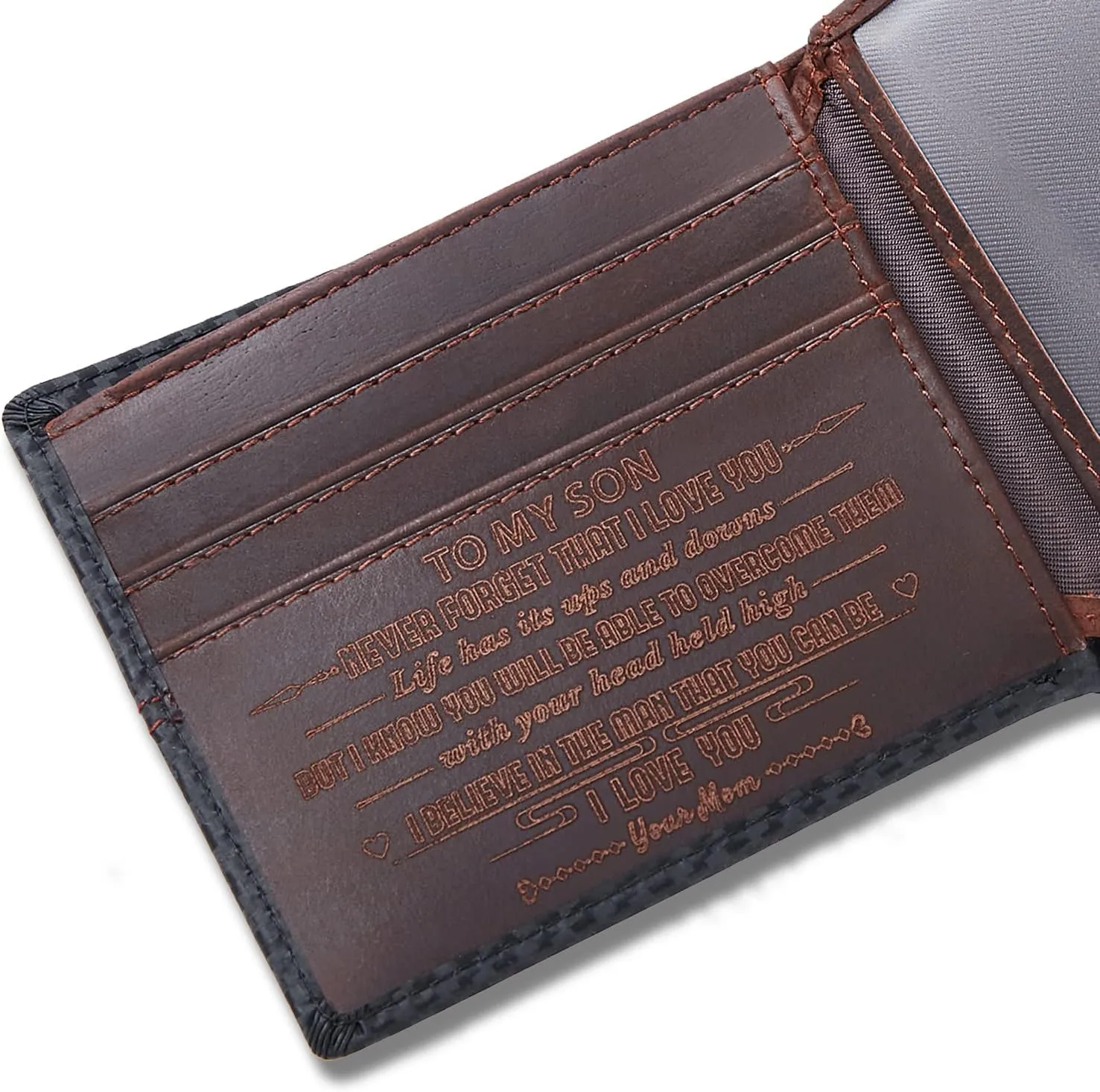 Personalized Engraved Leather Wallet for Son from Mom Mother - Christmas Birthday Graduation Wedding Gift - Never Forget That I Love You - Mens Custom Bifold Wallets with Love Message for Him