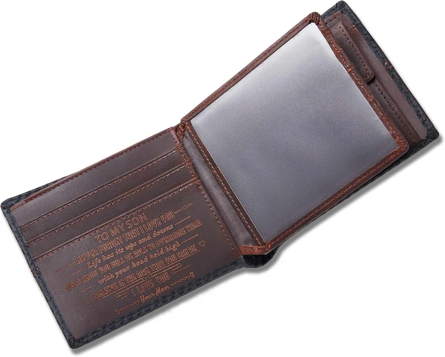 Personalized Engraved Leather Wallet for Son from Mom Mother - Christmas Birthday Graduation Wedding Gift - Never Forget That I Love You - Mens Custom Bifold Wallets with Love Message for Him