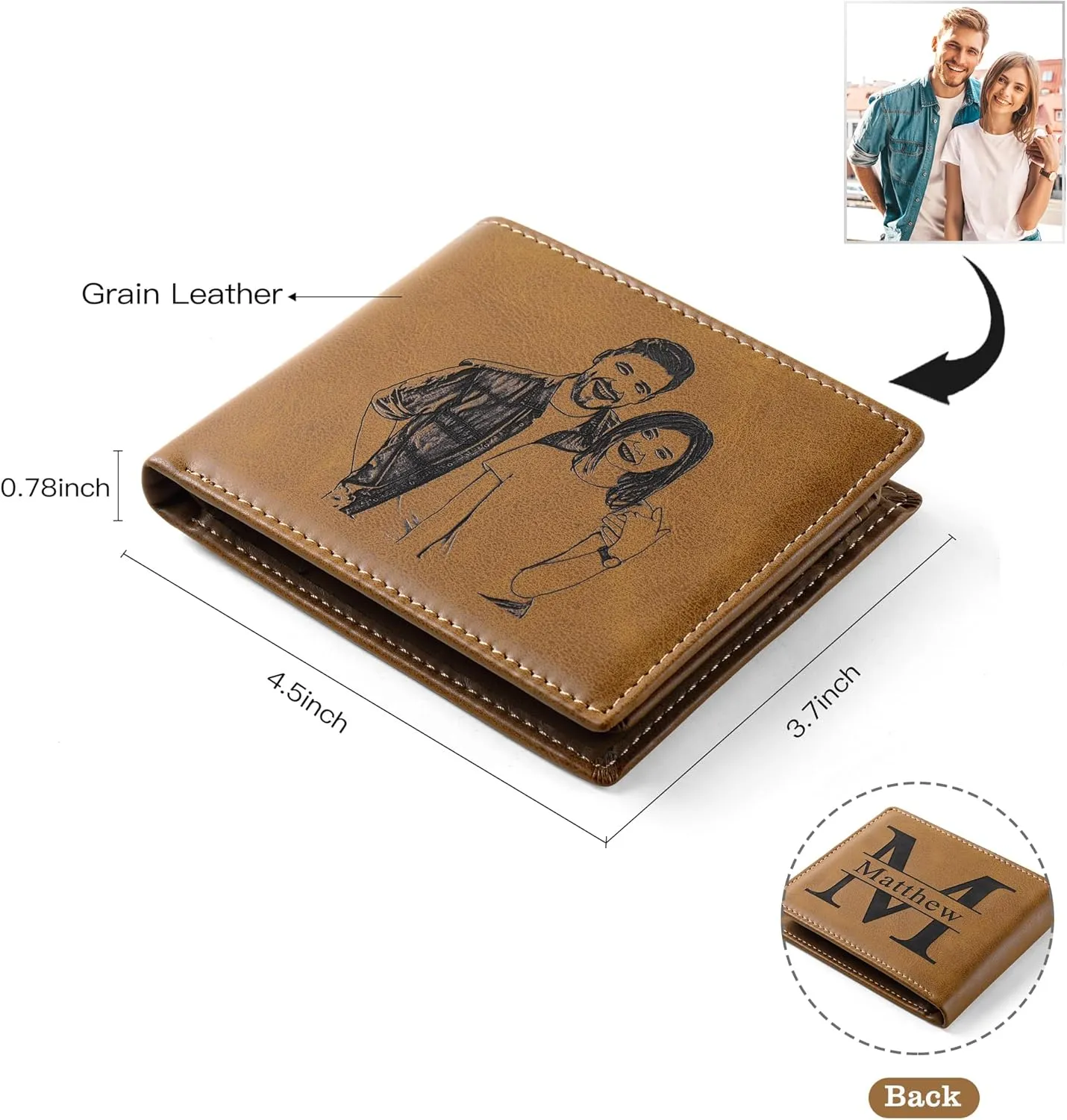 Personalized Engraved Leather Wallet with Picture, Custom Photo Wallet for Men, Gift for Men, Gift for Dad Husband Boyfriend