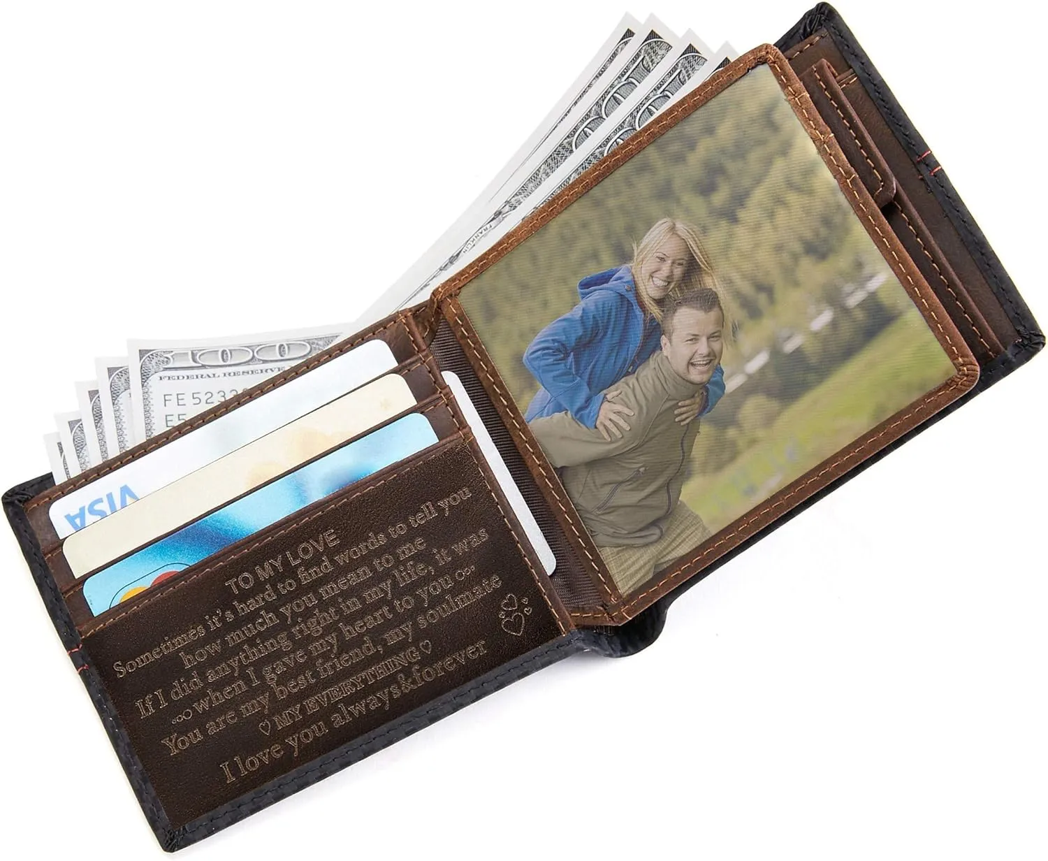 Personalized Engraved Wallet for Boyfriend Husband from Wife Girlfriend - Slim RFID Blocking Leather Wallet for Valentines Day Birthday Christmas Anniversary - Love Message Minimalist Bifold Purse