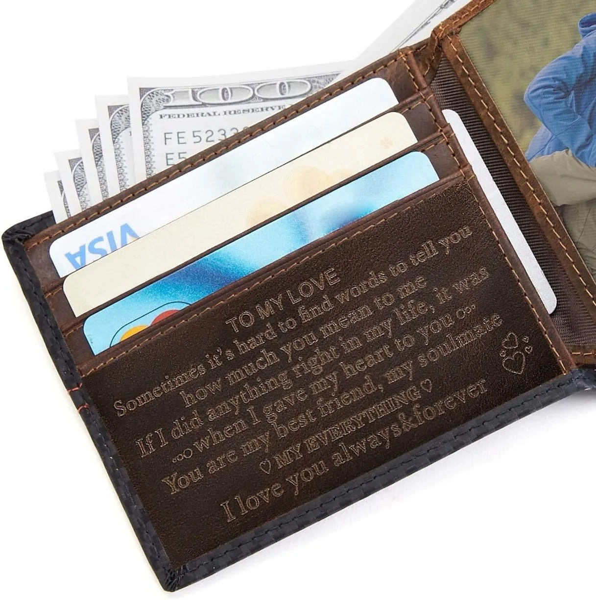 Personalized Engraved Wallet for Boyfriend Husband from Wife Girlfriend - Slim RFID Blocking Leather Wallet for Valentines Day Birthday Christmas Anniversary - Love Message Minimalist Bifold Purse