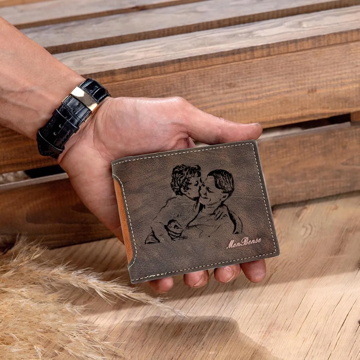 Personalized Fathers Gifts for Dad From kids, Custom Engraved Text & Photo Wallet for Fathers Day, Customize Leather Wallet Gifts for Papa Grandpa Husband
