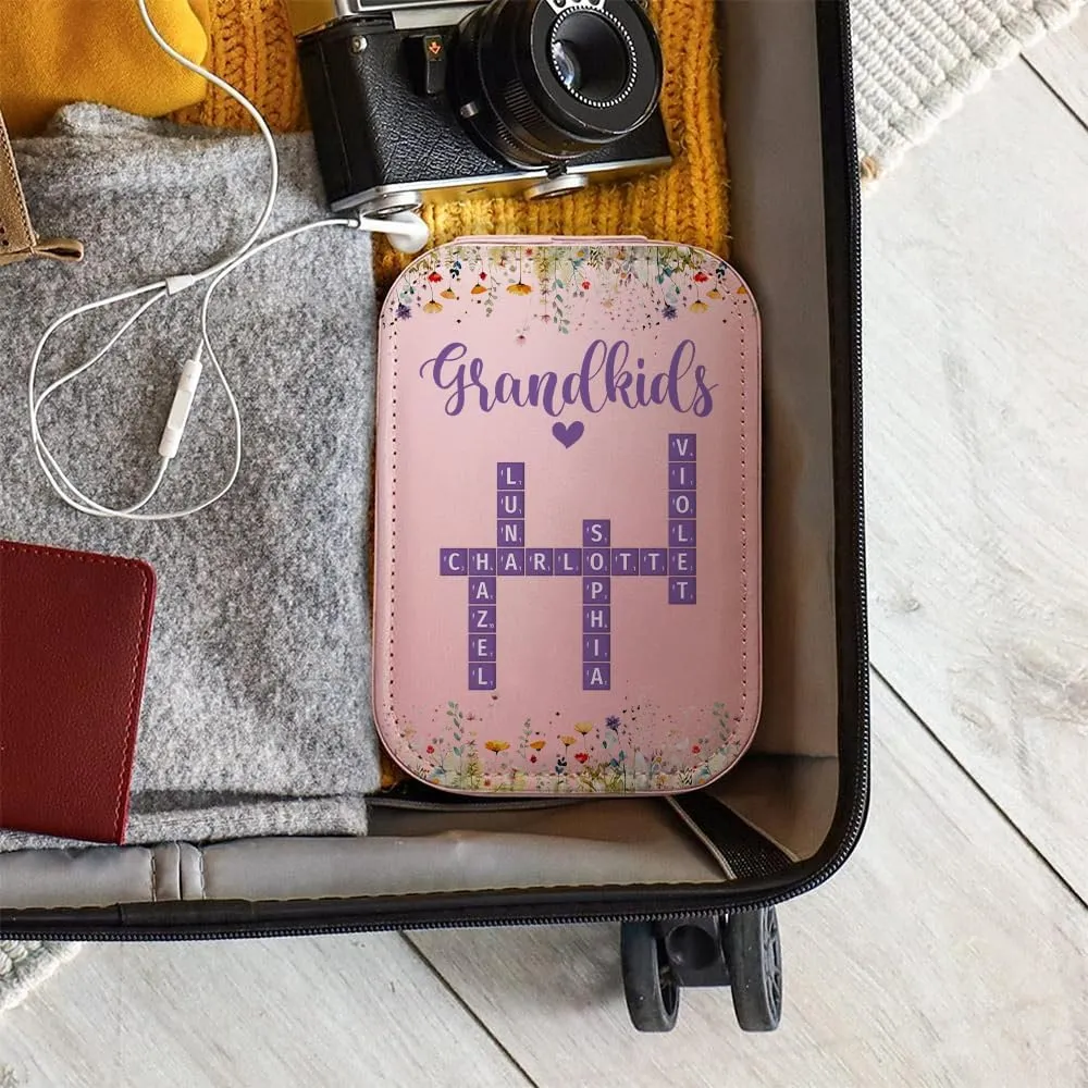 Personalized Grandkids Travel Makeup Bag With LED Mirror Leather, Custom Name Makeup Organizer Portable Jewelry Organizer Case Valentine's, Birthday, Christmas Gifts for Grandmother