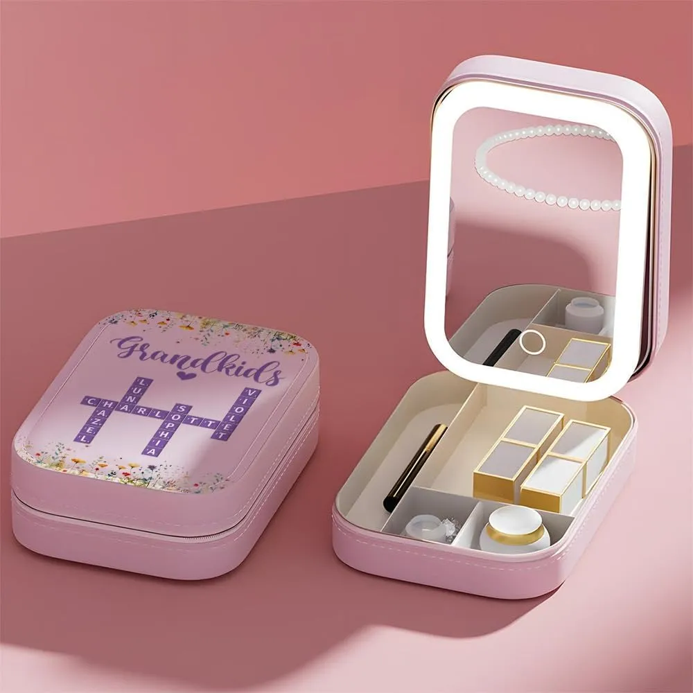 Personalized Grandkids Travel Makeup Bag With LED Mirror Leather, Custom Name Makeup Organizer Portable Jewelry Organizer Case Valentine's, Birthday, Christmas Gifts for Grandmother