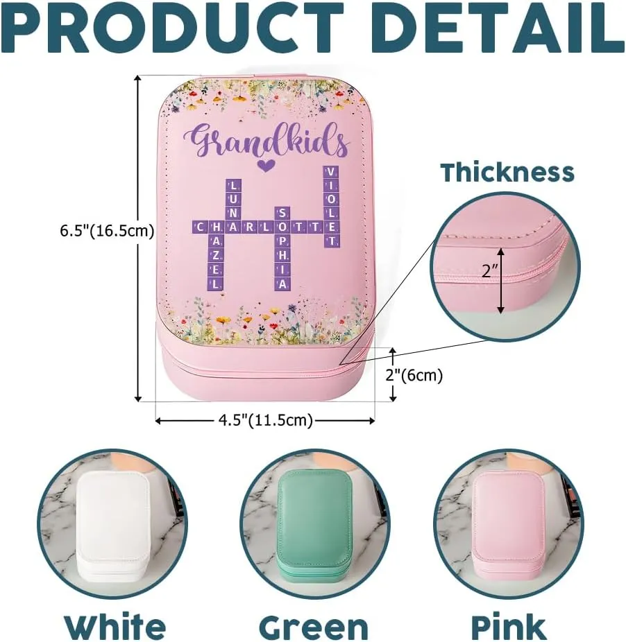 Personalized Grandkids Travel Makeup Bag With LED Mirror Leather, Custom Name Makeup Organizer Portable Jewelry Organizer Case Valentine's, Birthday, Christmas Gifts for Grandmother