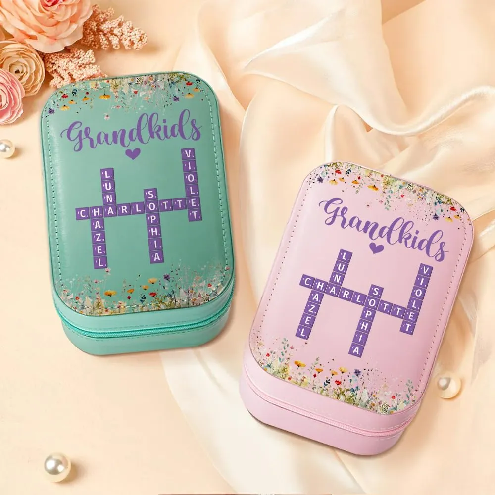 Personalized Grandkids Travel Makeup Bag With LED Mirror Leather, Custom Name Makeup Organizer Portable Jewelry Organizer Case Valentine's, Birthday, Christmas Gifts for Grandmother