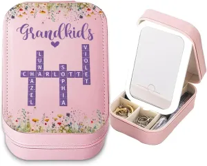 Personalized Grandkids Travel Makeup Bag With LED Mirror Leather, Custom Name Makeup Organizer Portable Jewelry Organizer Case Valentine's, Birthday, Christmas Gifts for Grandmother