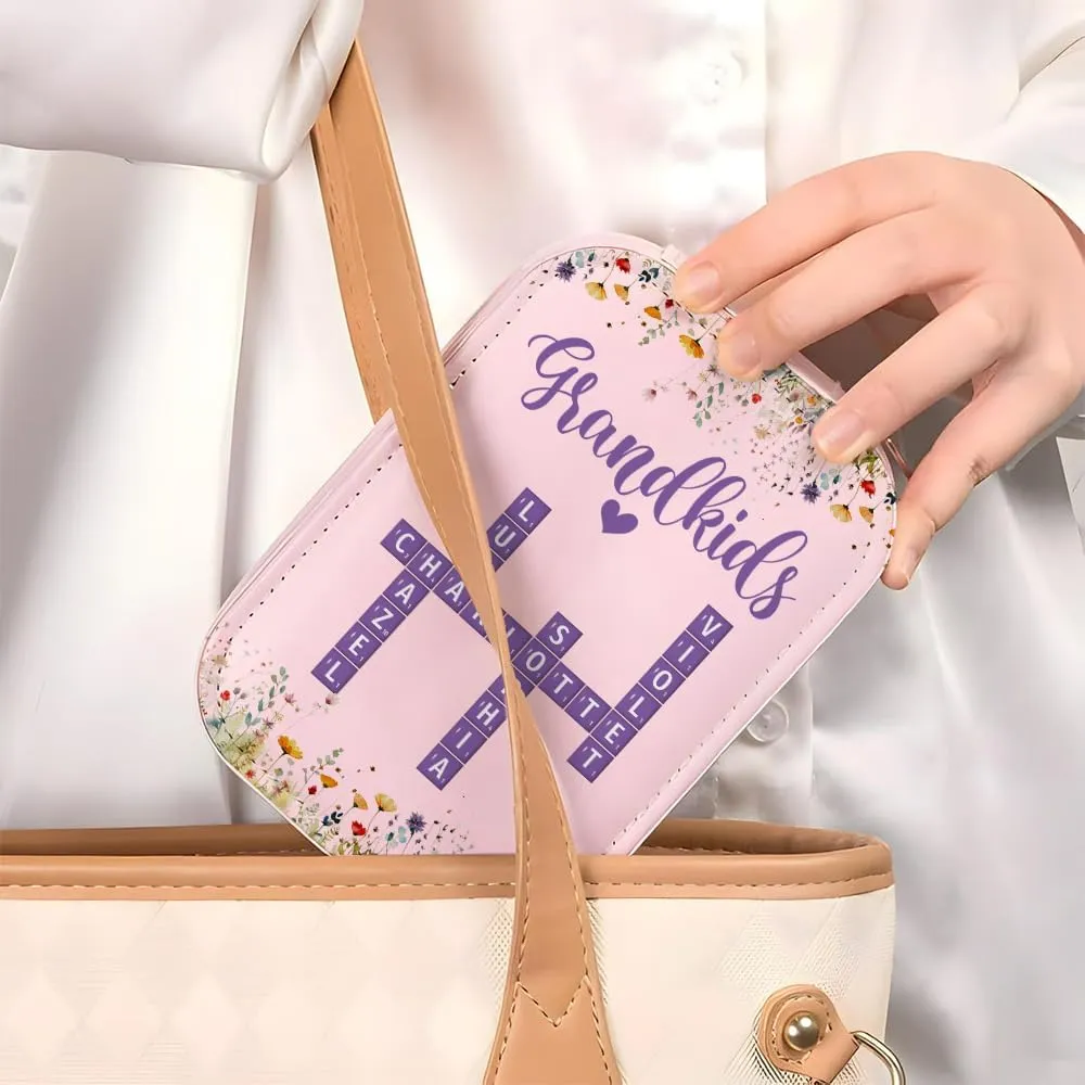 Personalized Grandkids Travel Makeup Bag With LED Mirror Leather, Custom Name Makeup Organizer Portable Jewelry Organizer Case Valentine's, Birthday, Christmas Gifts for Grandmother