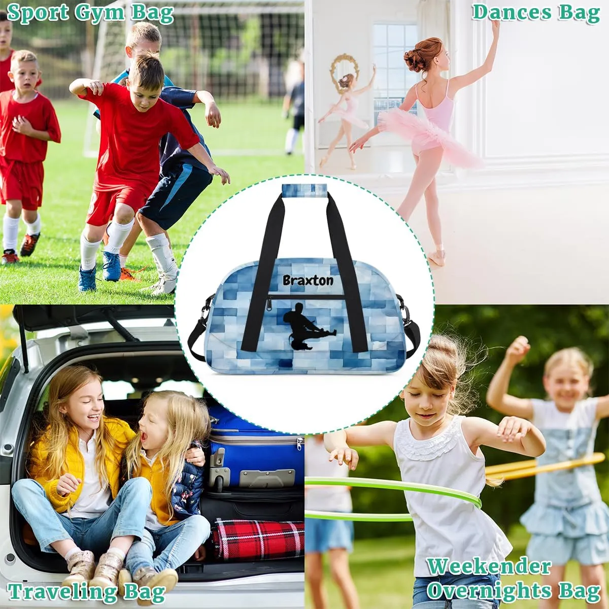 Personalized Gym Bag for Boys, Custom Sport Gym Taekwondo Silhouette Cheerleading Duffel Bag Weekender Fitness Bags Travel Duffel Bag, Taekwando Watercolor Blue Geometric Square